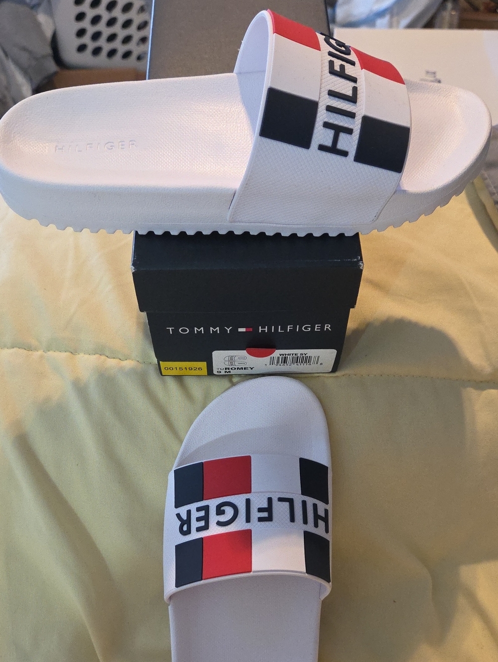 Tommy Hilfiger White Slides with Red and Black Logo Blocks